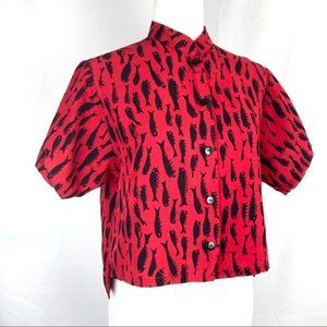•BLOUSE• Rayon Fish Black Red Button Down M